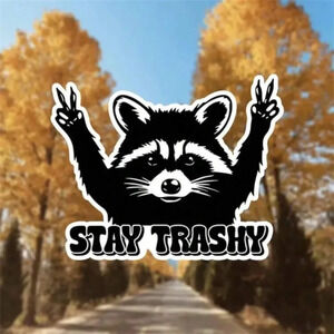 Black white raccoon sticker Stay Trashy laptop car phone cup mug luggage decor